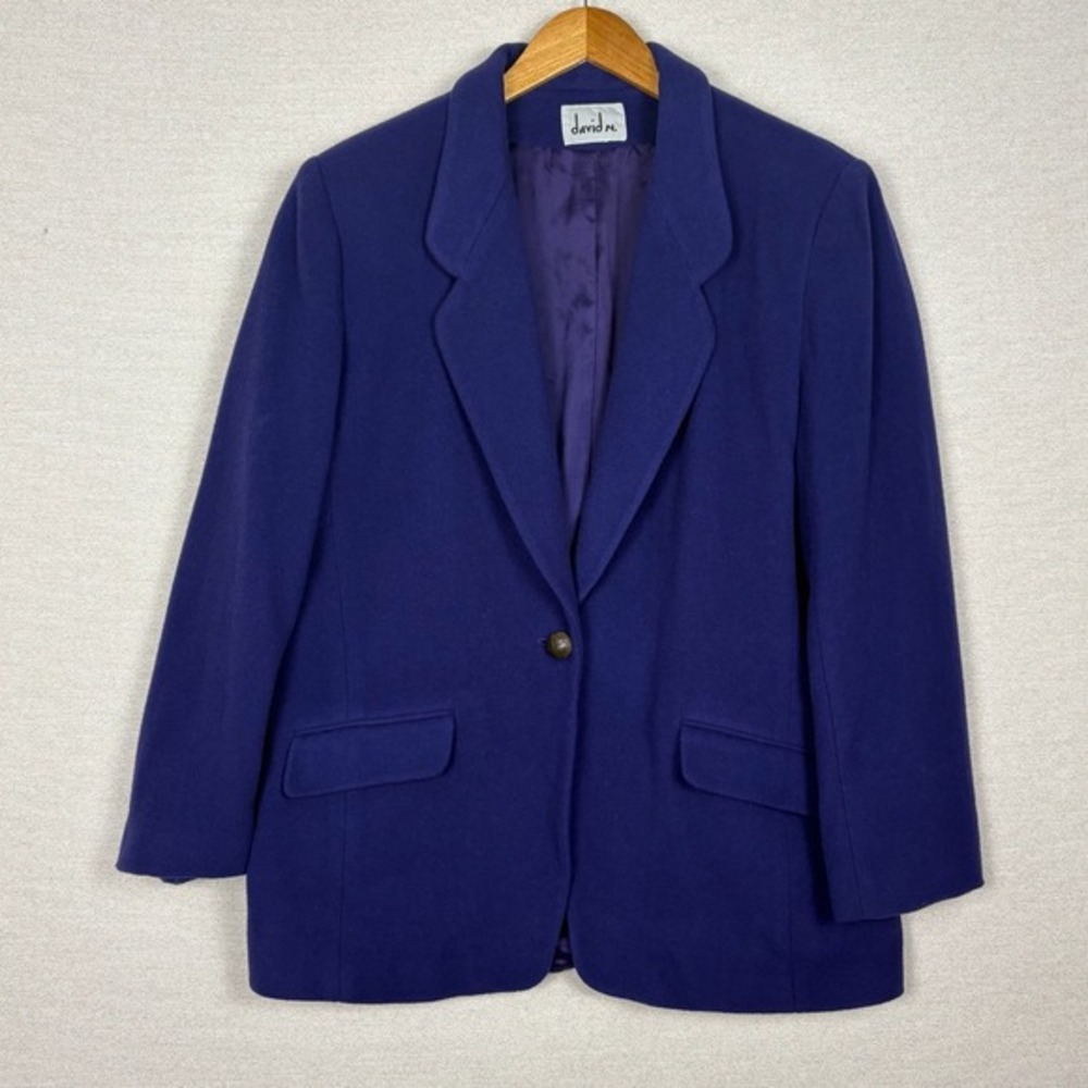 Vtg 80s David N Power Blazer Womens L Royal Blue‎ Felt Oversized Baggy Work Chic